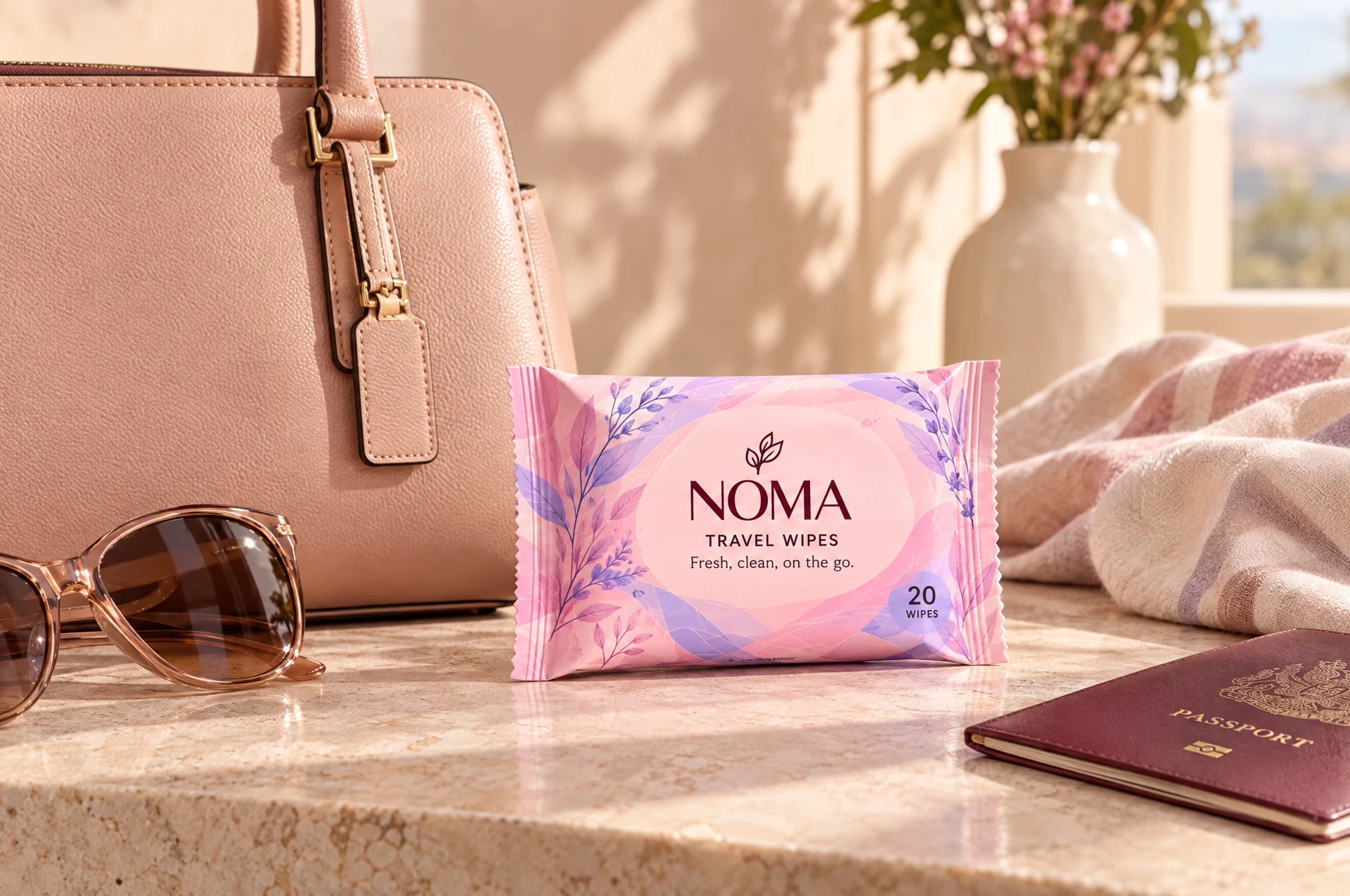 NOMA travel wipes with a blush handbag